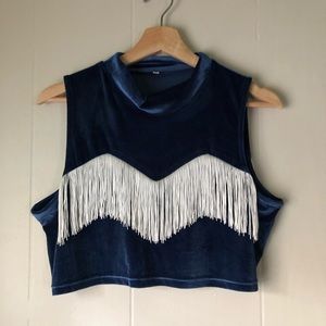Fashion Brand Company mock neck blue velvet white tassel crop top